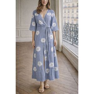 Nimo With Love x Tuckernuck Gingham Floral Embroidery Wrap Maxi Dress Size M